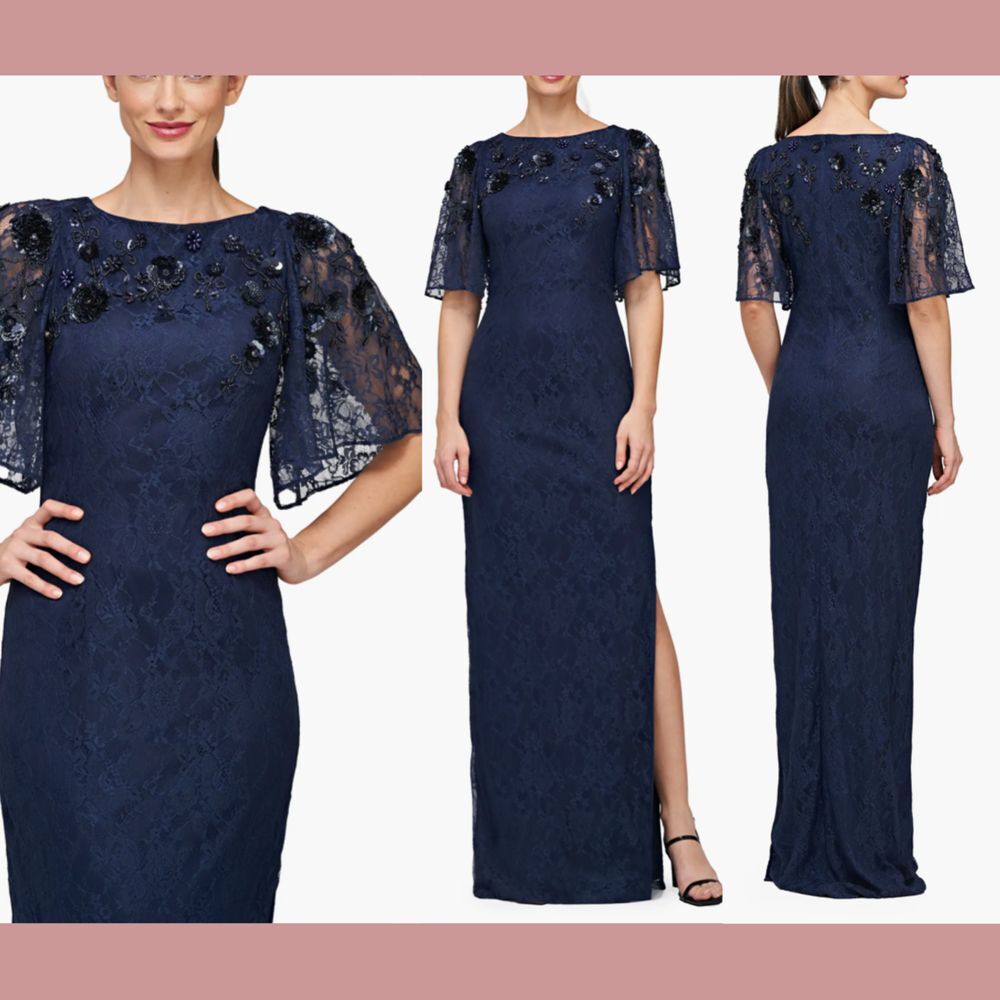 NWT $298 JS Collections [ 6 ] Navy Kalani‎ Embellished Lace Gown #Q925